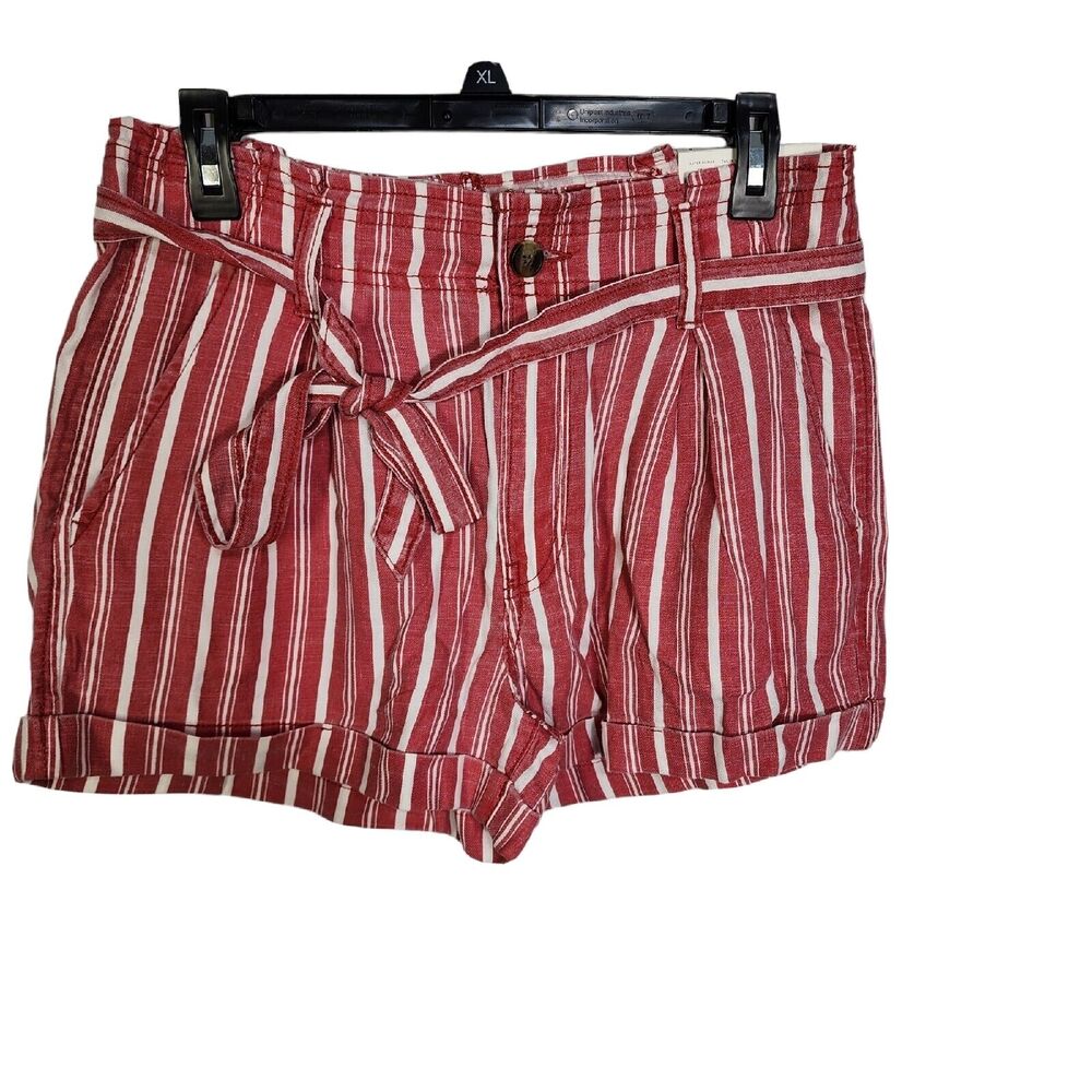 American Eagle Women Shorts Sz 8 Super High Rise Red Striped Paperbag Linen Belt